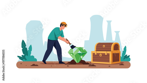 Skilled worker in a hard hat carefully cleans a large sparkling green emerald gemstone with a brush in a mining area with factories.