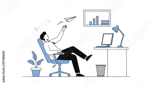 Bored office worker relaxes in his chair and throws a paper airplane while procrastinating at his desk during busy working hours.