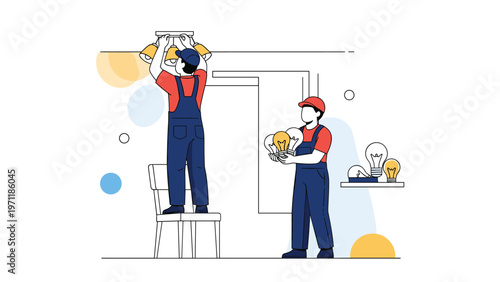Two professional electricians in blue overalls and red shirts work together to install or replace light bulbs in a high ceiling fixture.