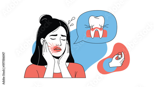 Woman holding her face in pain due to a severe toothache with a diagnostic diagram and medicine shown in thought bubbles above her.