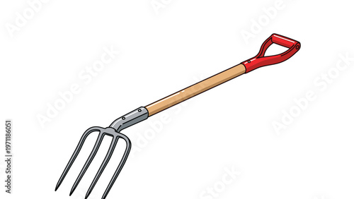 Versatile garden pitchfork tool with four steel tines and a long wooden handle used for farming and yard work against white background.