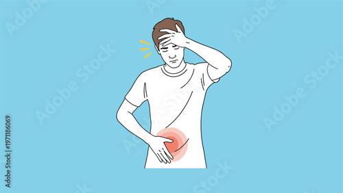 Young man suffering from both a headache and stomach pain looks distressed against a blue background with symptom medical indicators.