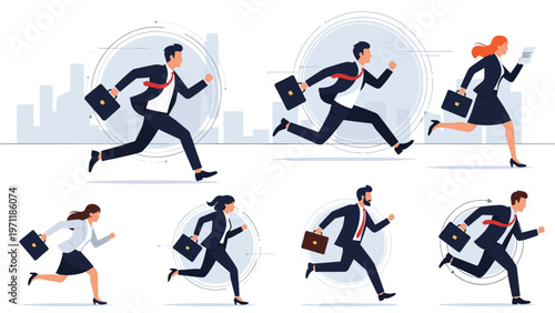 Set of diverse business people in suits carrying briefcases running quickly as if they are late for an important corporate meeting.
