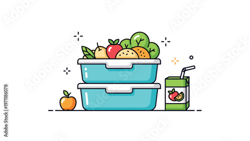 Stack of two turquoise lunch boxes filled with healthy food, fruits, and vegetables next to a juice box on a clean white background.