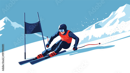 Focused skier in a red and blue suit maneuvers through a slalom course on a snowy mountain slope under a clear blue sky in winter.