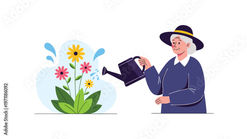 Kind elderly woman wearing a hat and a purple coat uses a watering can to care for colorful flowers in her beautiful home garden.