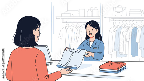 Friendly sales clerk helps a customer purchase a light blue shirt at a retail clothing store counter with racks in the background.