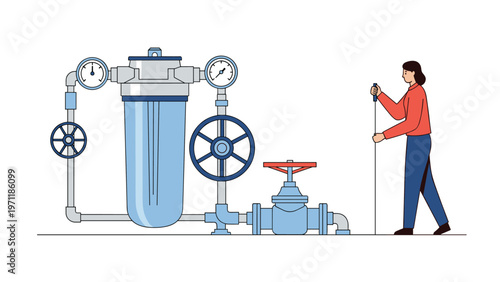 Female technician monitors a complex industrial water filtration system with pipes, gauges, and large valves in a modern utility plant.