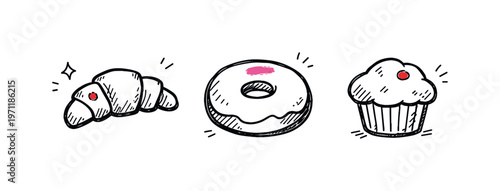 Simple breakfast pastry set theme  a horizontal row of 3 related hand-drawn objects on a white background: a small croissant with a tiny red dot