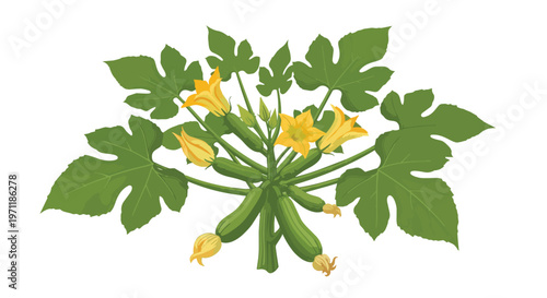 Zucchini Plant with Green Squash and Yellow Flowers Illustration