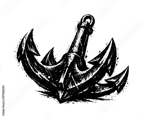 A massive forged iron grapnel anchor with four curved prongs shown in a dramatic three-quarter perspective, enlarged to dominate the frame as a radial
