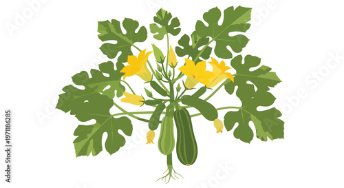 Illustration of a Zucchini Plant with Green Squash and Yellow Blossoms