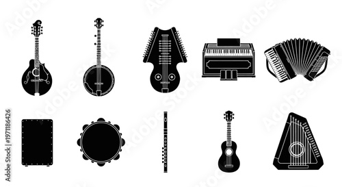 Collection of diverse musical instruments in silhouette, including string, wind, and percussion instruments on a white background