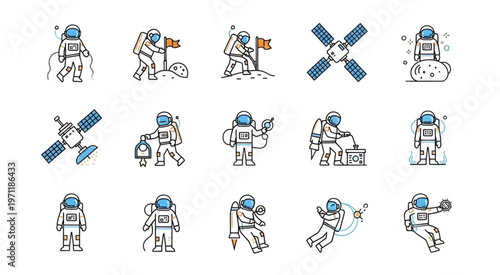 Astronauts in space suits performing various activities in space exploration.