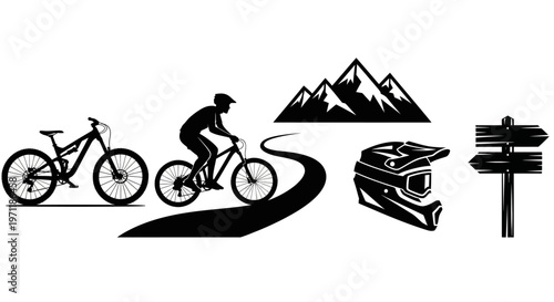 Dynamic Mountain Biking and Outdoor Adventure Silhouettes Collection for Trail Exploration and Scenic Journeys