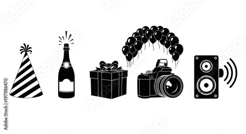 Celebration Icons Party Hat, Champagne, Gift Box, Camera, Balloons, and Speaker for Festive Occasions