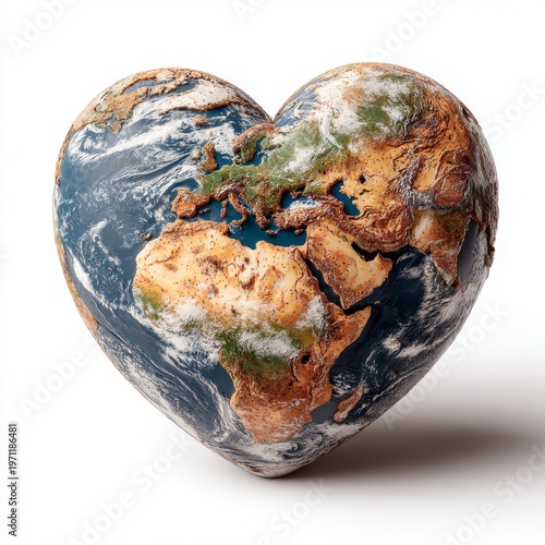 Isolated on a white background, the heart‑shaped Earth artistically blends the love symbol with the planet, highlighting concern and unity across the globe