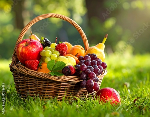 A rustic woven basket overflows with a variety of fresh, ripe fruits set on lush, vibrant green grass under the sunlight