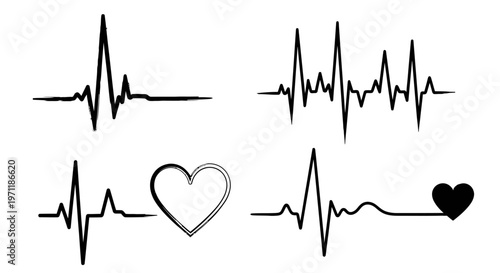 Diverse Heartbeat Cardiogram Vector Illustrations Set for Medical Health Monitoring and Love Concepts