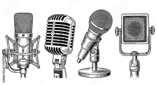 Vintage microphone collection illustration - A classic retro audio recording studio equipment set