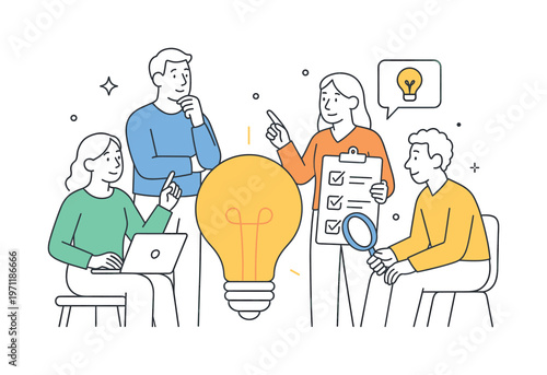 A innovation management and idea validation scene featuring a small group testing concepts around a large lightbulb and a checklist, using a simple
