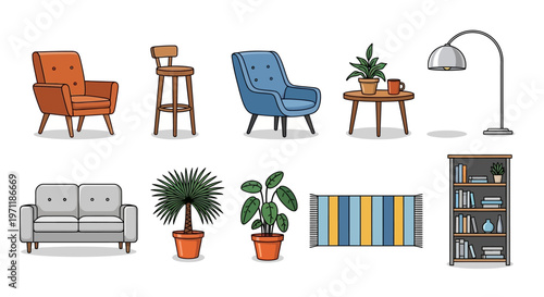 A comprehensive collection of contemporary home furniture and decor elements, perfect for interior design projects and stylish living spaces