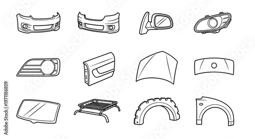 Collection of car parts including bumpers, mirrors, headlights, doors, hoods, windshields, and fenders