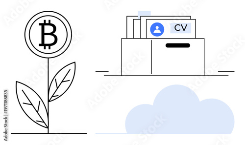 Cryptocurrency concept. Bitcoin symbol financial growth in digital currency economy. Cloud storage and digital resume sharing enhance cryptocurrency applications. For finance, blockchain, hiring