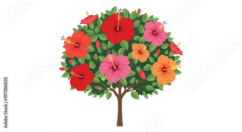 Colorful Hibiscus Flower Tree Illustration