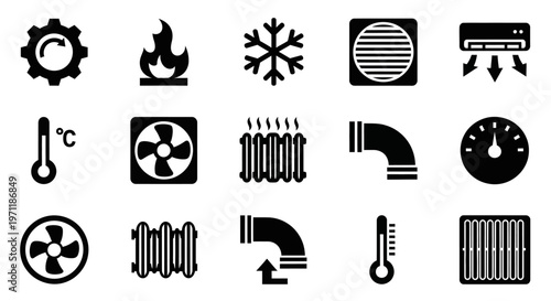 Comprehensive set of black and white vector icons representing heating, ventilation, and air conditioning (HVAC) systems and climate control functions for various applications