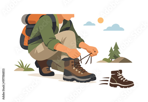A hiking boot lacing scene where a person tightens footwear before a walk in a natural setting with attention to fit and stability, a boot and laces
