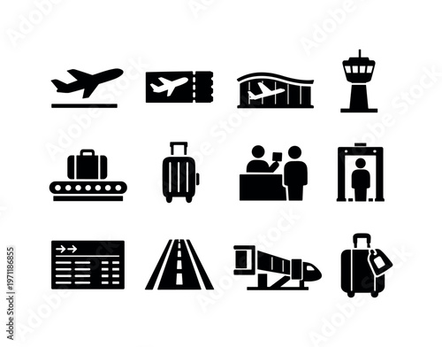 Airport and air travel: airplane takeoff, boarding pass, airport terminal, control tower, baggage claim belt, luggage suitcase, passport control booth