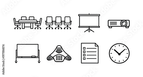 Office meeting room setup: conference table, office chairs, presentation screen, projector, whiteboard, speakerphone, meeting agenda paper, wall clock