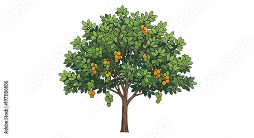 Illustration of a Lush Fruit Tree with Ripe Yellow Fruits on White Background