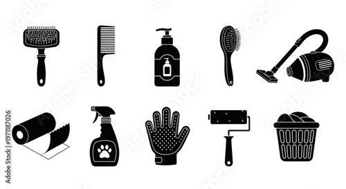 Collection of various pet grooming and cleaning supplies and tools for home maintenance and pet care