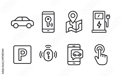 Car sharing and mobility services: shared car, mobile unlock phone, location pin, route map, electric charger, parking spot, keyless entry, ride