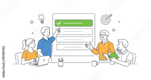 A simple task prioritization scenario where a team organizes responsibilities based on importance during a planning discussion, centered around a