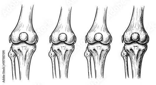 Detailed Hand-Drawn Anatomical Illustrations of the Human Knee Joint, Showcasing Bone Structure and Ligaments from Multiple Perspectives for Medical Study