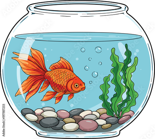 Goldfish in Fishbowl Illustration, Cute Orange Goldfish with Green Seaweed Pebbles Bubbles Cartoon Aquarium Vector Clipart