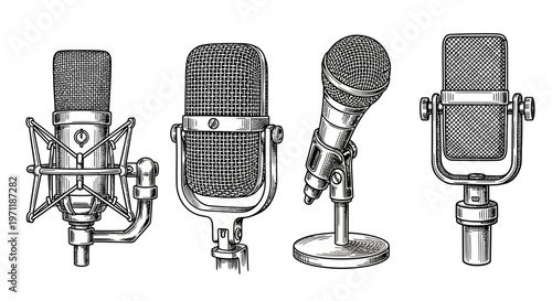 Set of Four Detailed Engraved Microphones in Vintage Style for Audio Recording and Broadcasting