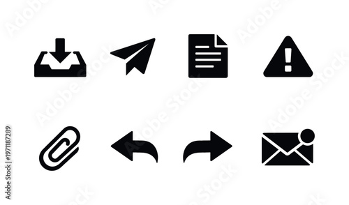 Email communication: inbox tray, sent arrow, draft document, spam warning, attachment clip, reply arrow, forward arrow, unread envelope