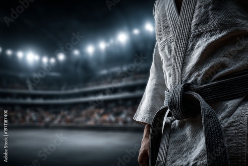 Ju jitsu black belt practitioners in martial arts wear uniforms, adopt strong stances, focus energy for punching, develop power through disciplined training, reflecting dedication, sport, combat,