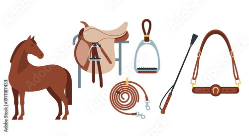 Detailed Collection of Equestrian Gear and Horse for Horseback Riding and Training Activities, Flat Vector Illustration Set