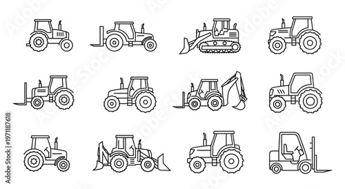 Collection of various agricultural and construction vehicles in line art style.