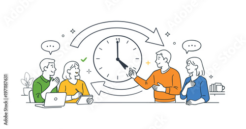Team coordinating smooth workload transitions and preventing last-minute stress together during a structured end-of-day alignment meeting in a calm