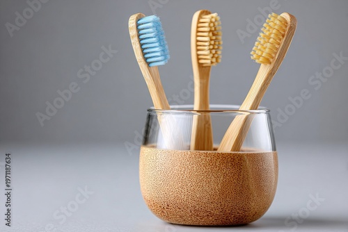 The concept of healthy, clean morning dental hygiene is shown by a toothbrush placed in a glass on a bright bathroom counter