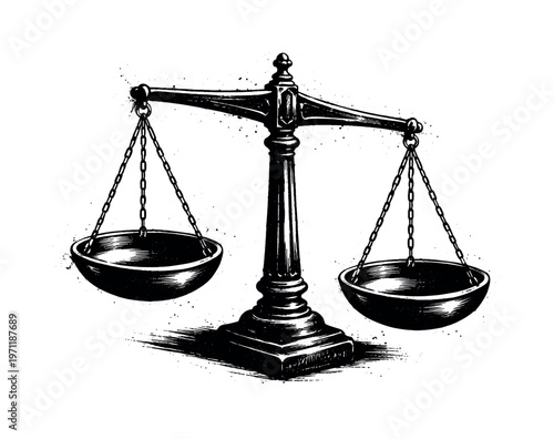 A vintage balance scale shown in three-quarter perspective, angled so the central pillar and two hanging pans are visible, filling most of the frame