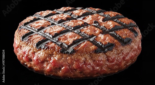 Perfectly Grilled Juicy Burger Patty with Char Marks Isolated on Black Background