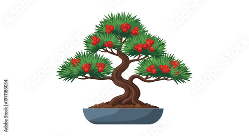 Stylized Bonsai Tree with Red Berries in a Ceramic Pot