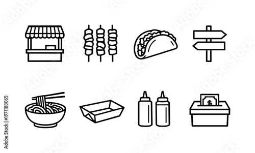 Street food market: food stall, skewers, taco, noodle bowl, paper tray, street sign, condiment bottles, cash payment box